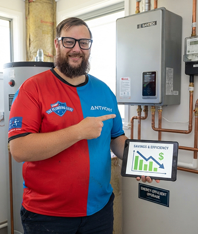 Plumber showing hot water options on a tablet