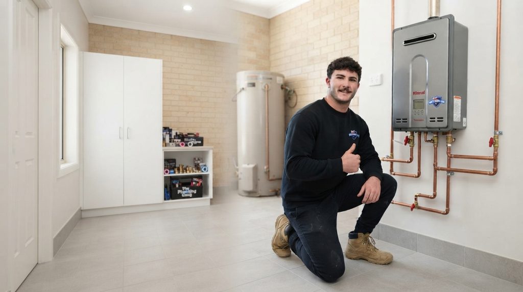 Plumber kneeling in a modern bathroom