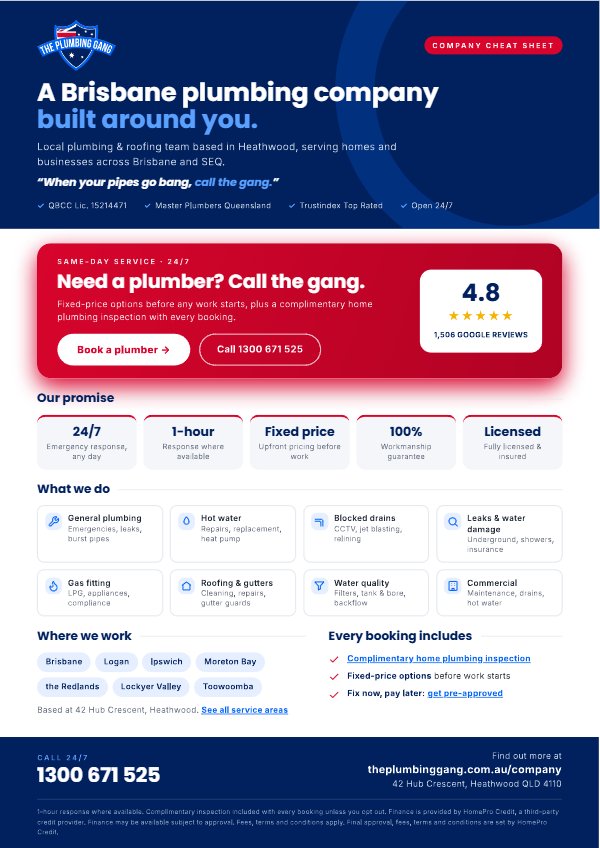 Preview of The Plumbing Gang company cheat sheet