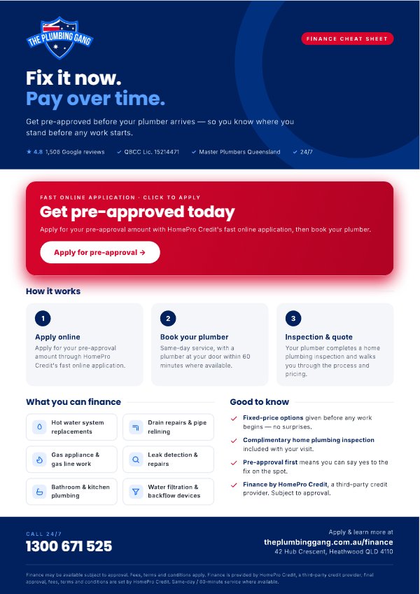 Preview of The Plumbing Gang plumbing finance cheat sheet