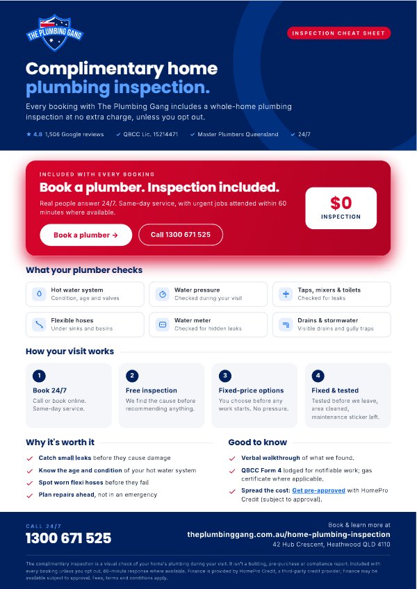 Preview of The Plumbing Gang home plumbing inspection cheat sheet