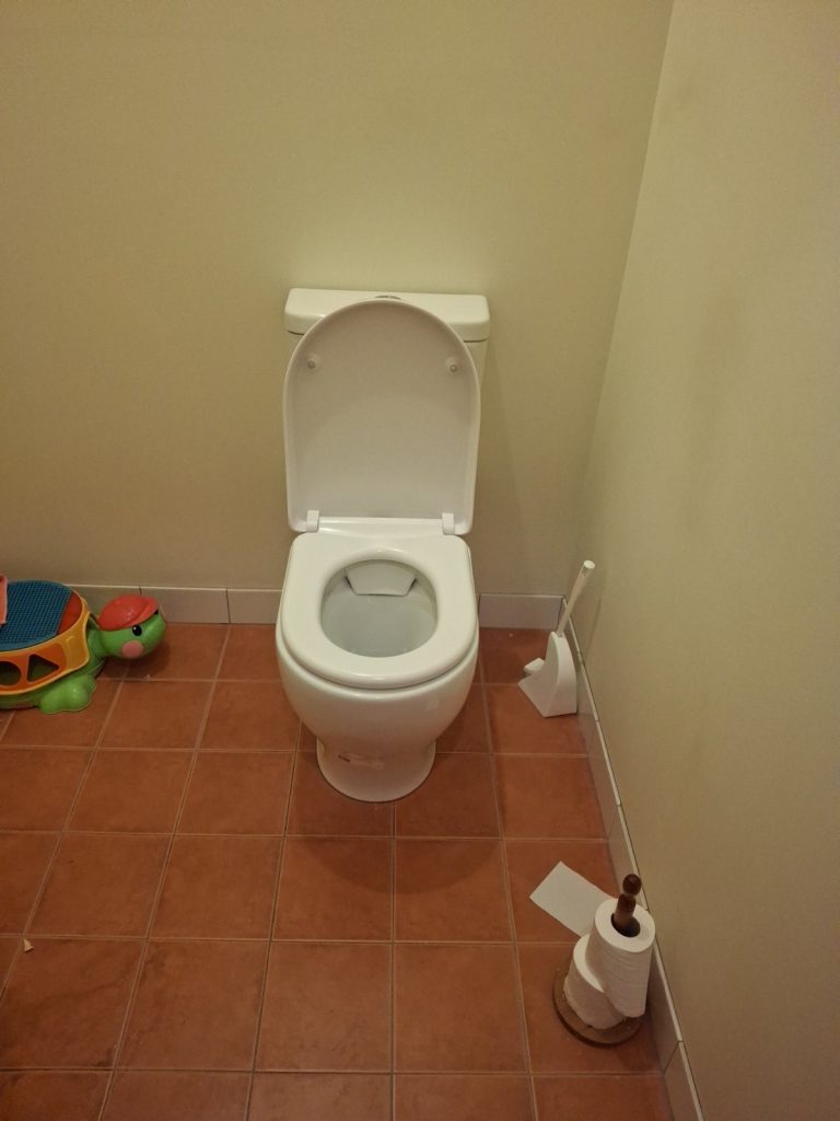 Toilet installed in a tiled bathroom